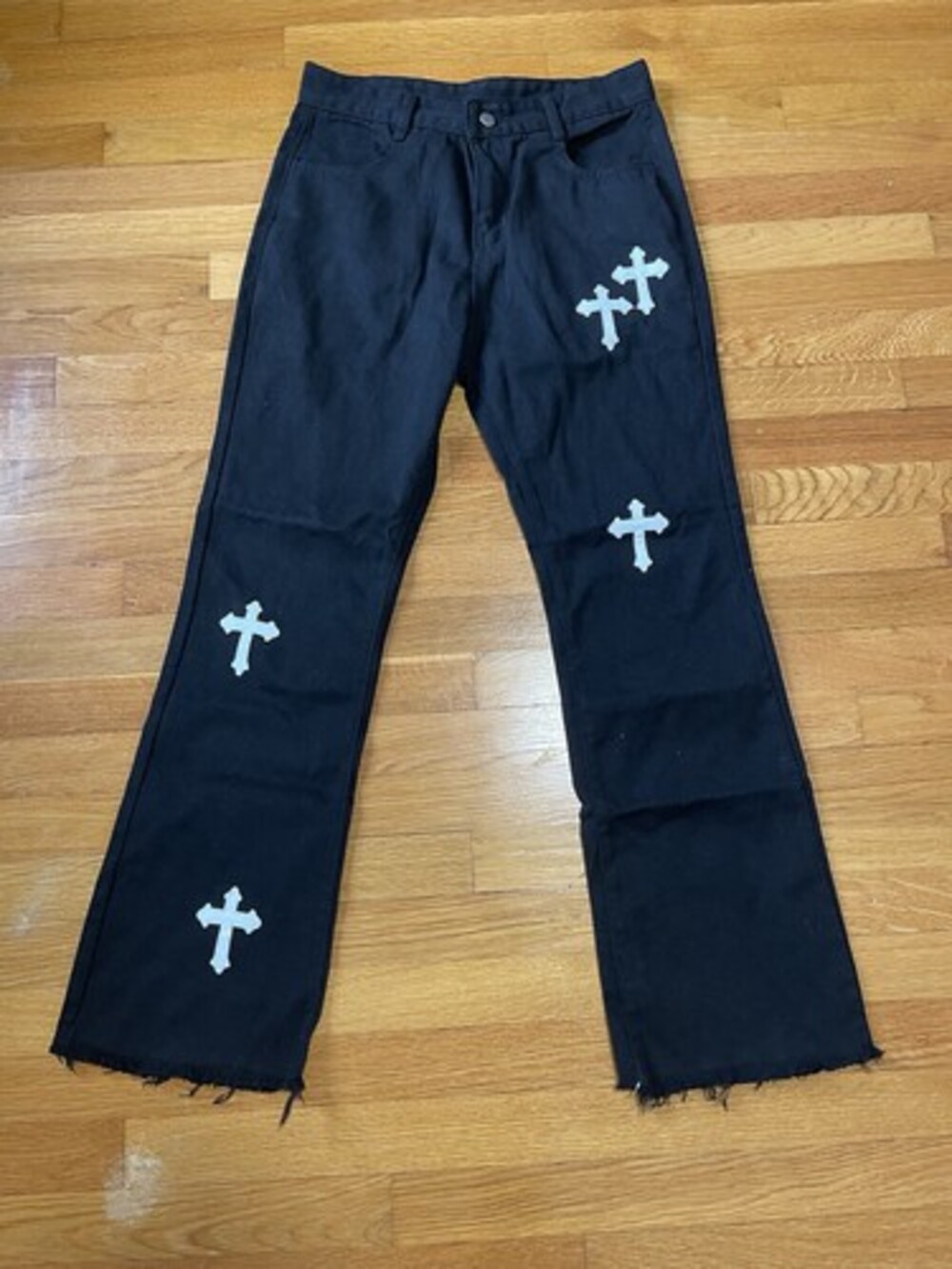 Black Flare Jeans White Cross Patchwork Size 28 FREE SHIPPING